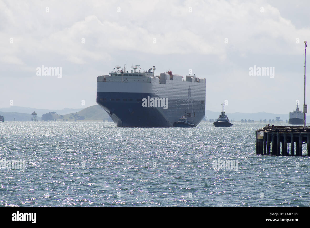 Car Carrier Trans Future 7 arriving at Auckland Port Stock Photo