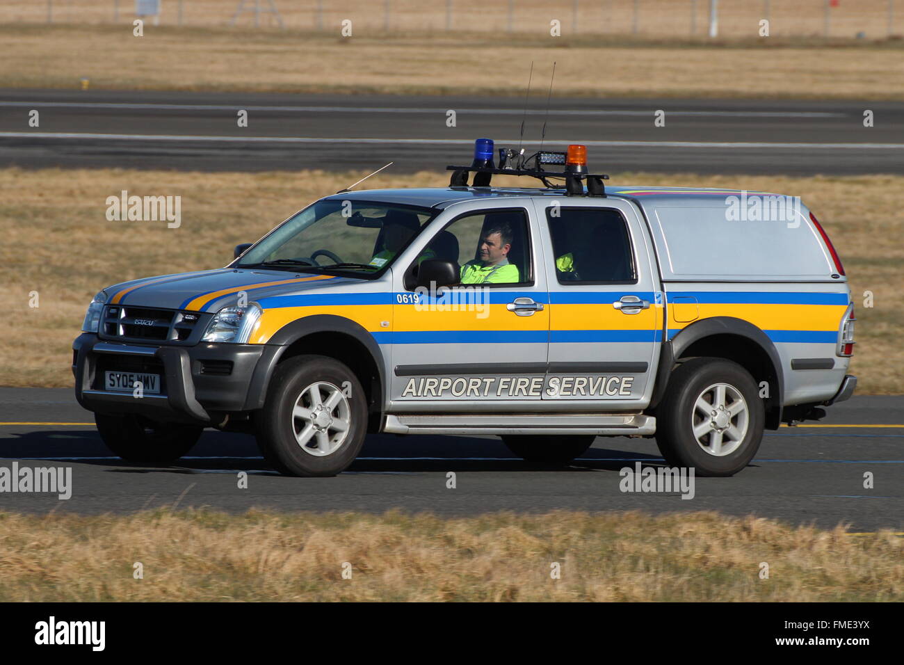 0619 (SY05 WMV), an Isuzu D-Max Rodeo of the Prestwick Airport Fire Service department. Stock Photo