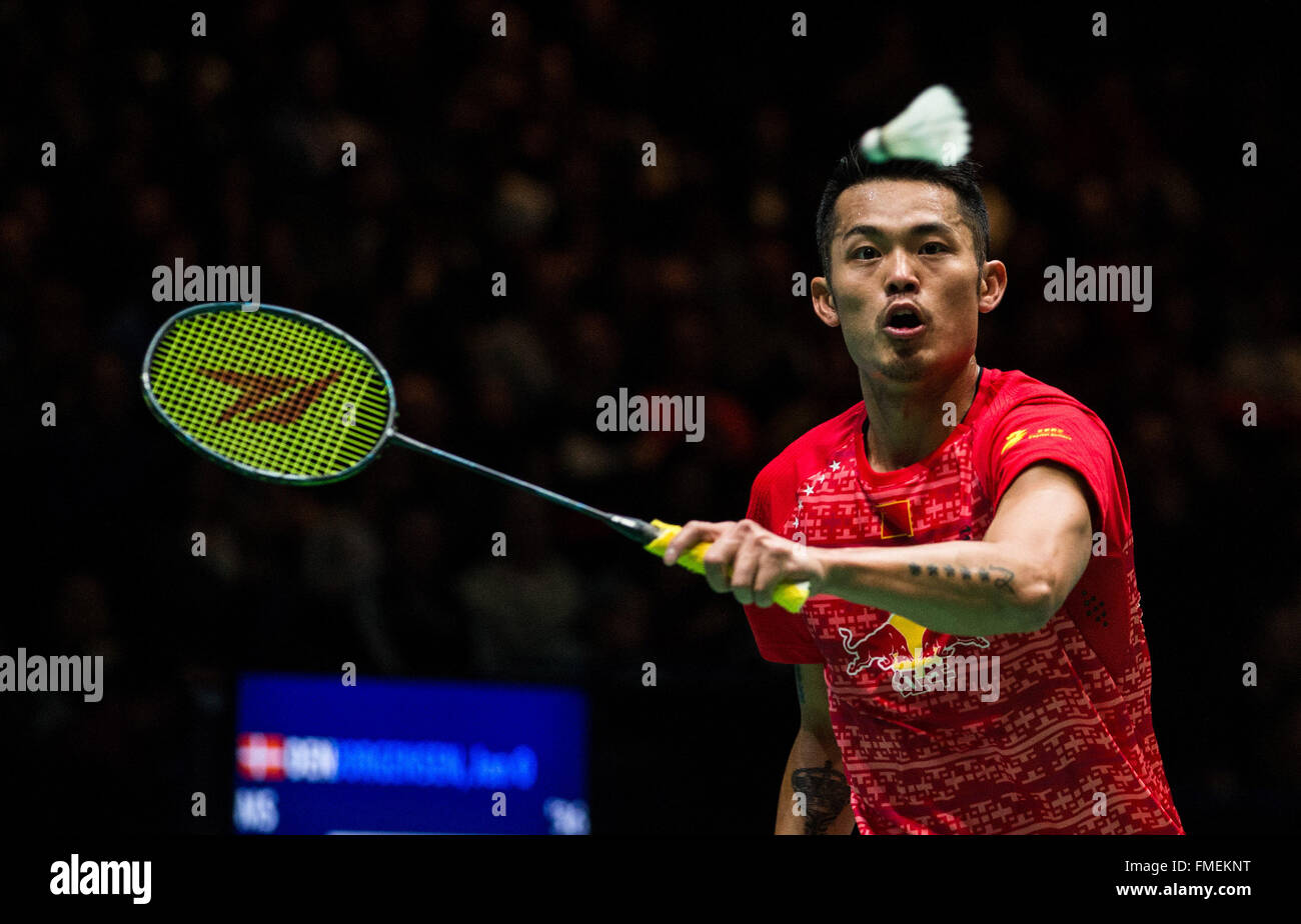 Birmingham. 11th Mar, 2016. Lin Dan of China competes during the men's singles quarterfinal match against Jan O Jorgensen of Danmark at the 2016 YONEX All England Open Badminton Championships in Birmingham, Britain on March 11, 2016. Credit:  Tang Shi/Xinhua/Alamy Live News Stock Photo