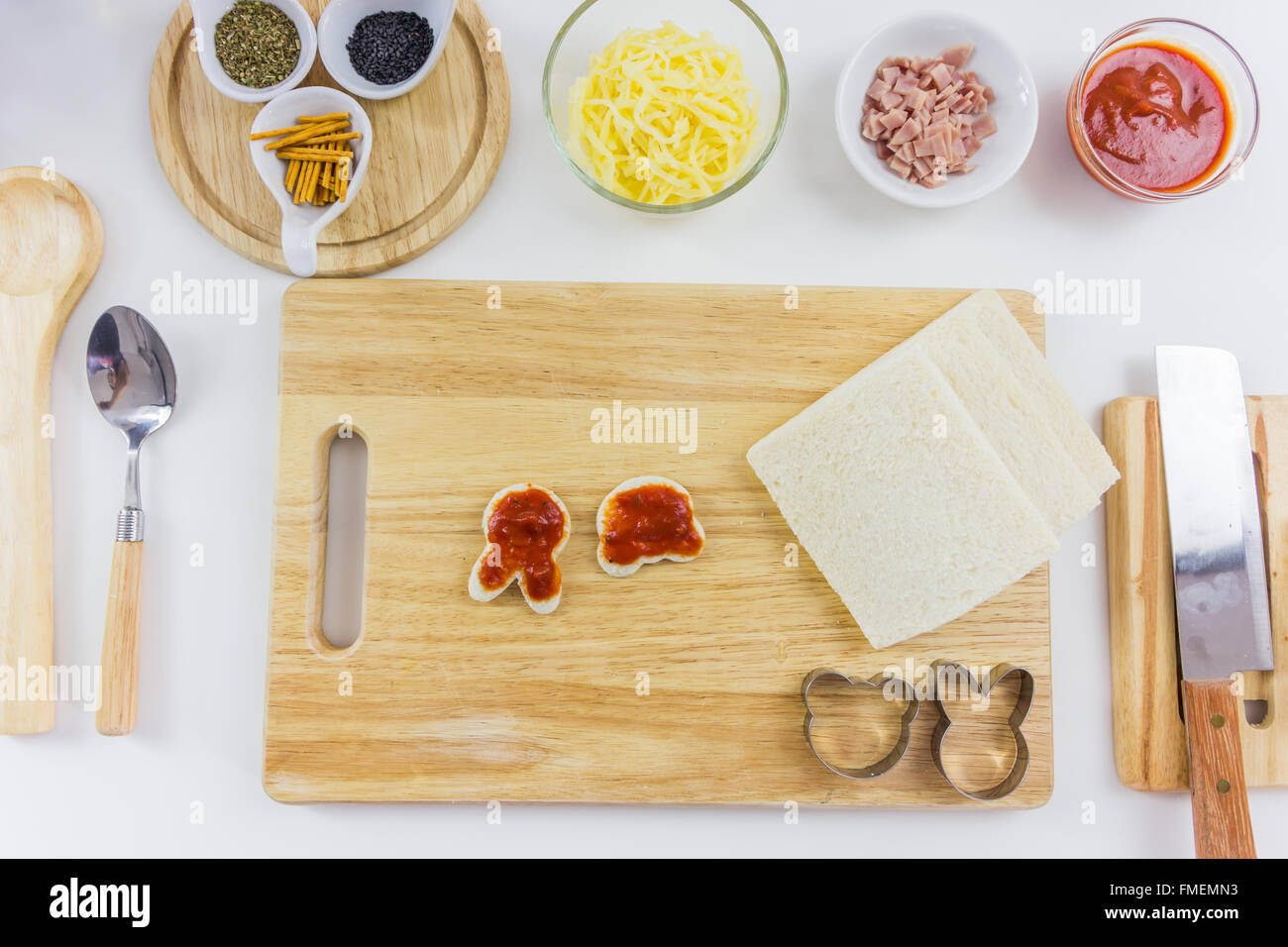 Ingredients for cooking pizza cartoon on wooden table, top view Stock Photo