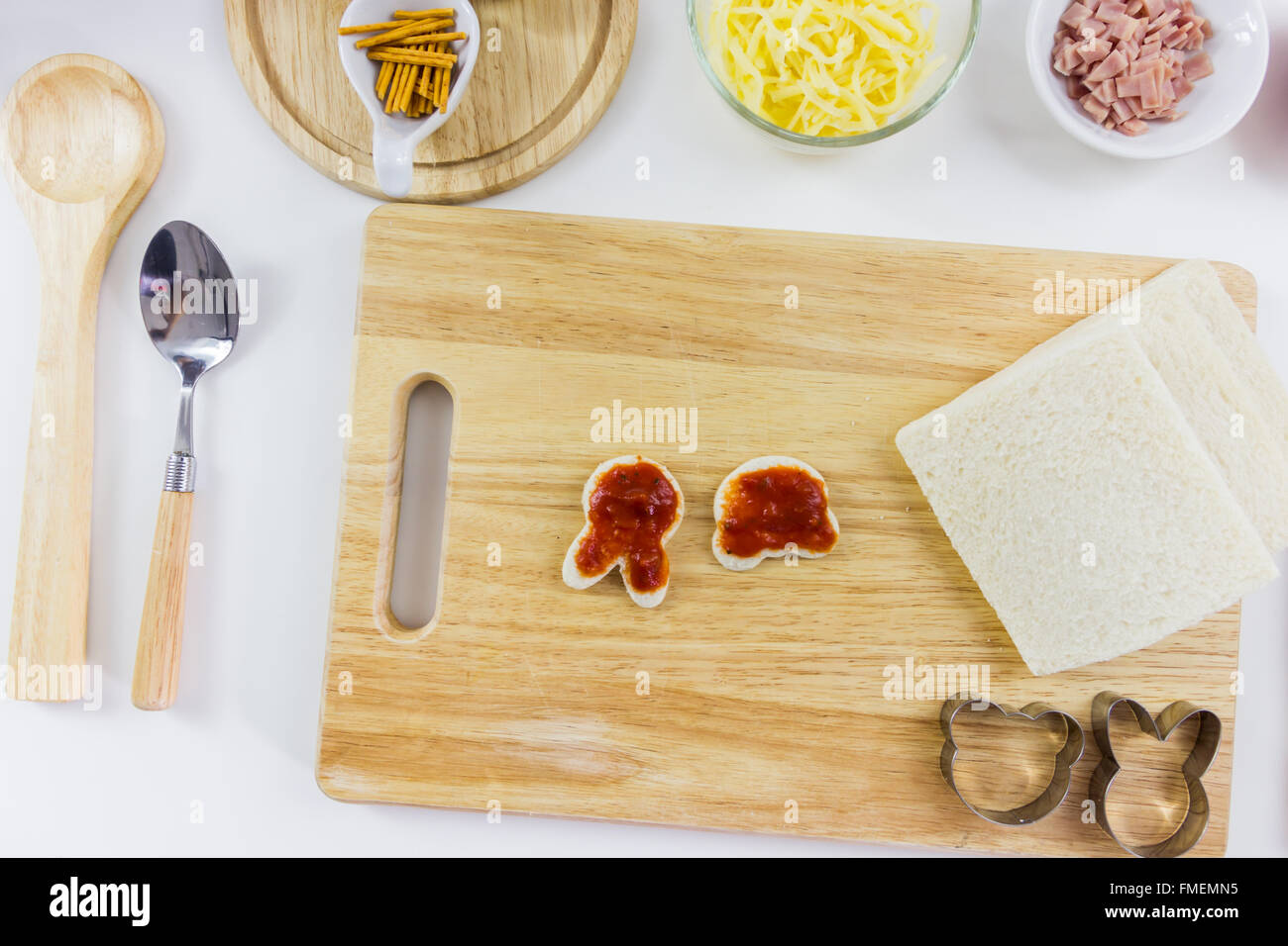 Ingredients for cooking pizza cartoon on wooden table, top view Stock Photo