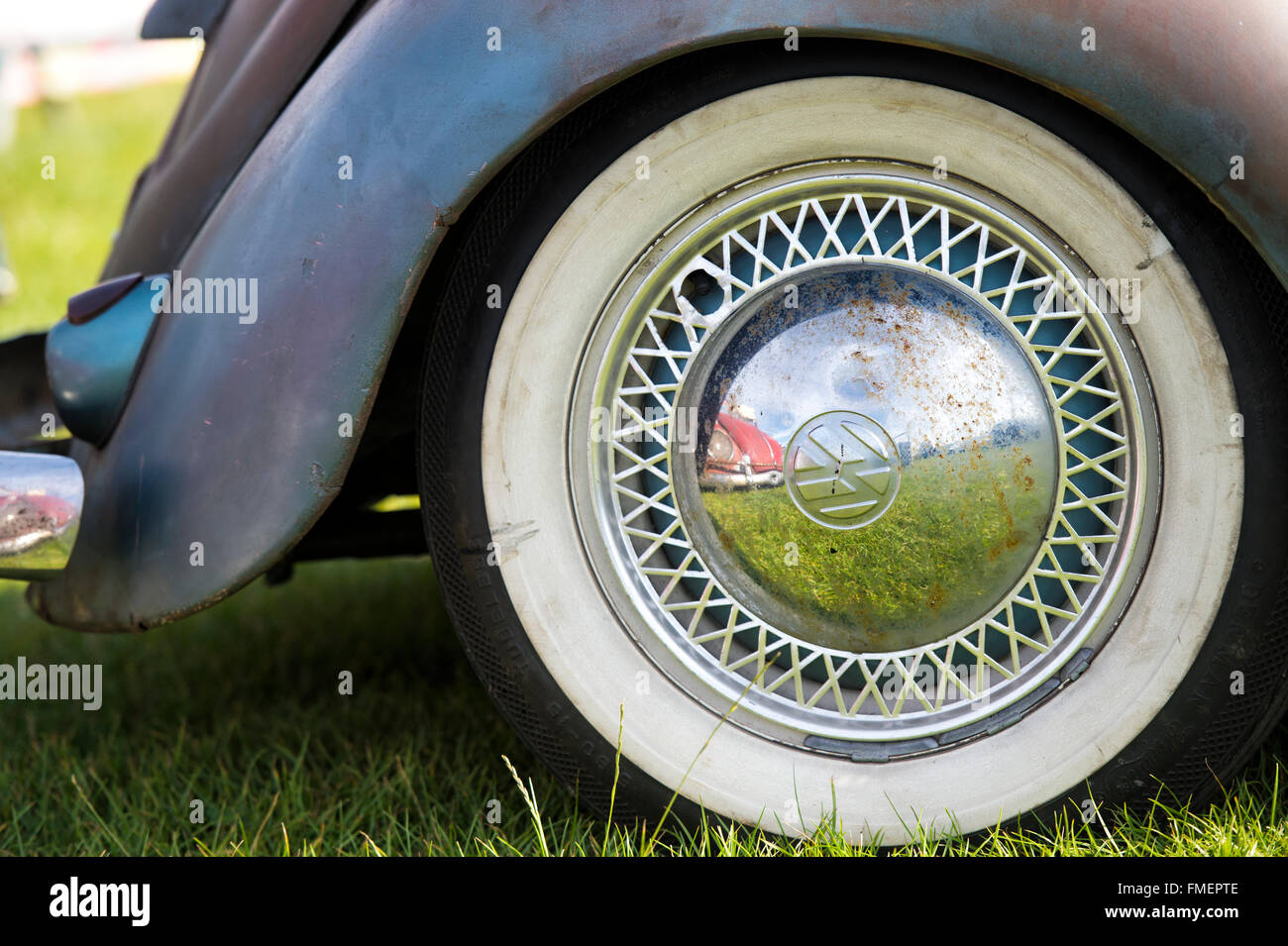 VW Beetle car wheel with a white wall tyre Stock Photo