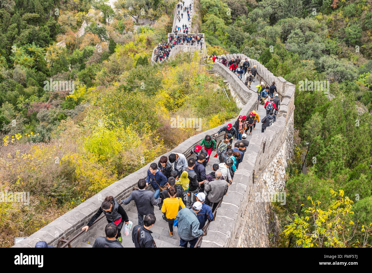 A view of the Great Wall in Beijing, China. The Visitors are both locals and foreigners. Stock Photo
