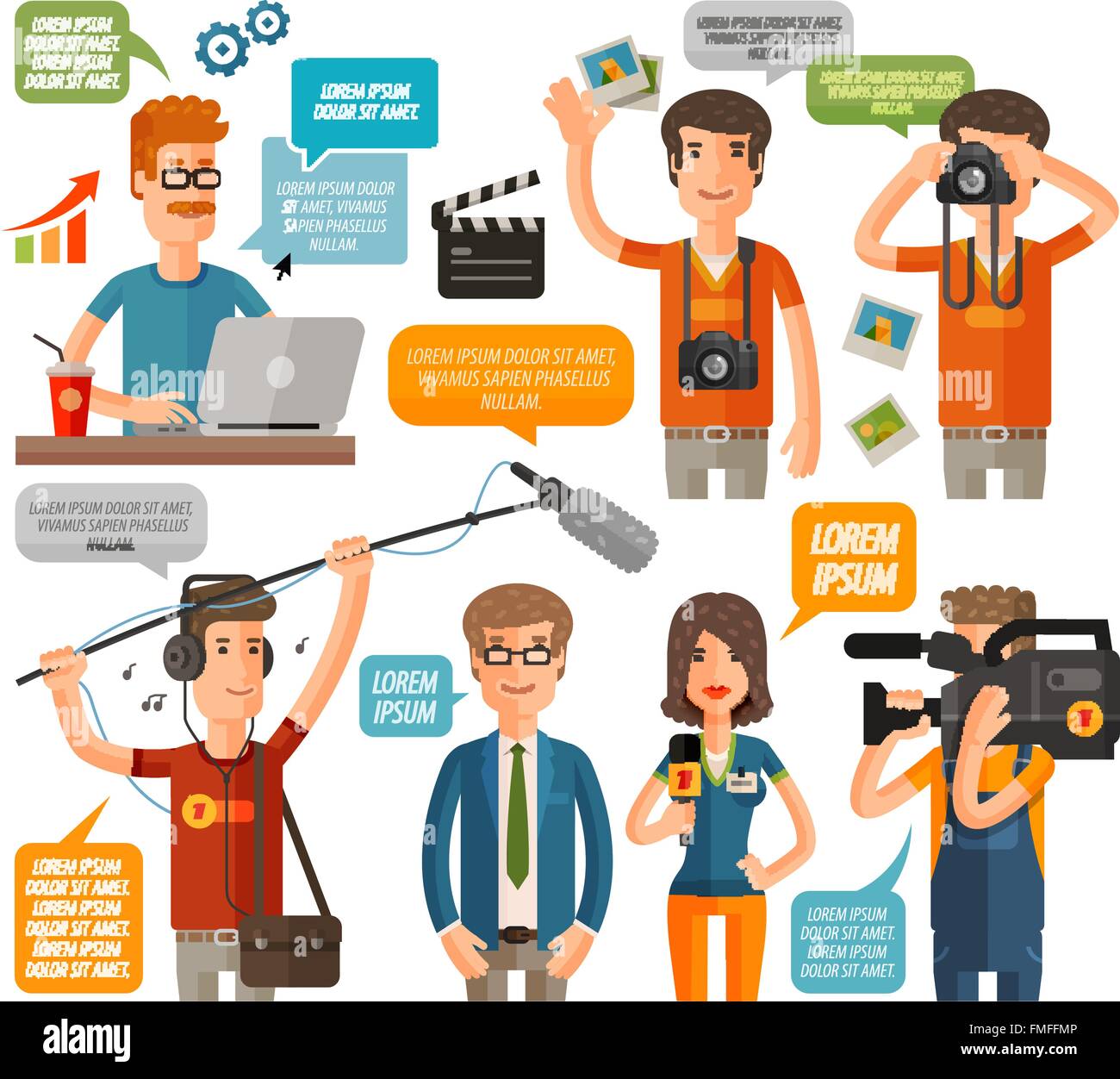 photographer and reporter, television, journalism flat icons set. vector illustration Stock Vector