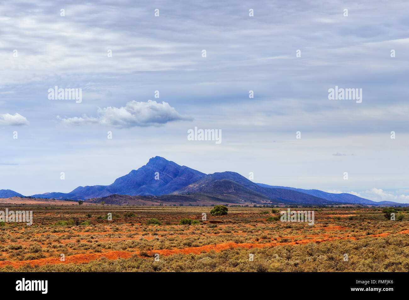 Lonely rocky mount of Wilpena Pound Flinders Ranges national park as seen across red soil outback plain in South Australia. Stock Photo