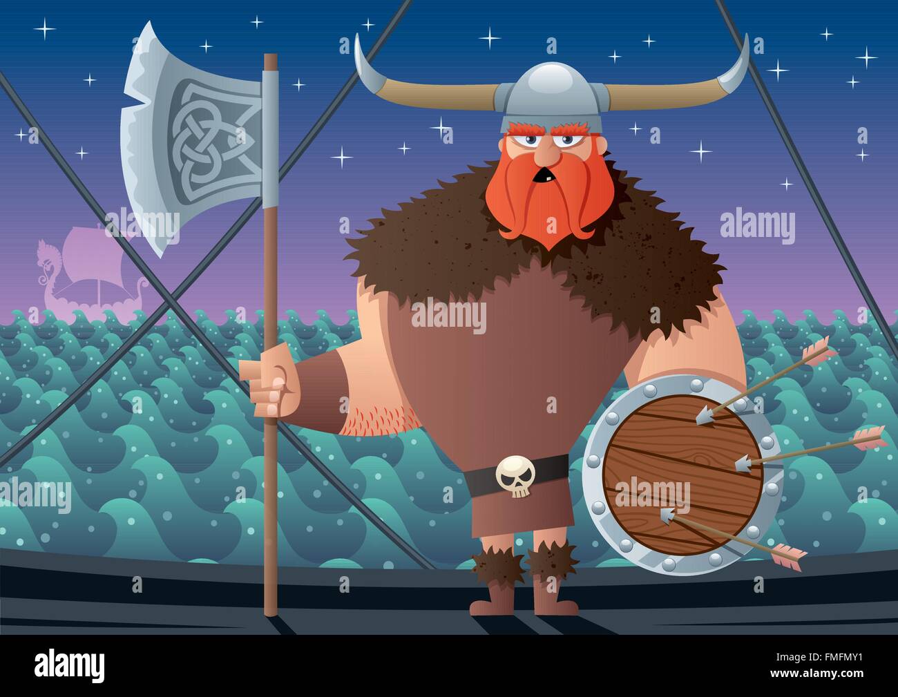 Cartoon Viking on board of Viking ship. No transparency used. Basic (linear) gradients. Stock Vector