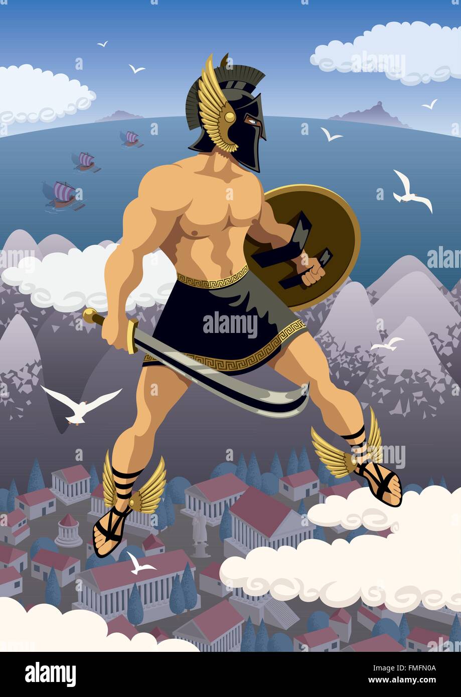 Greek hero Perseus flying in his magic sandals. No transparency used. Basic (linear) gradients. Stock Vector