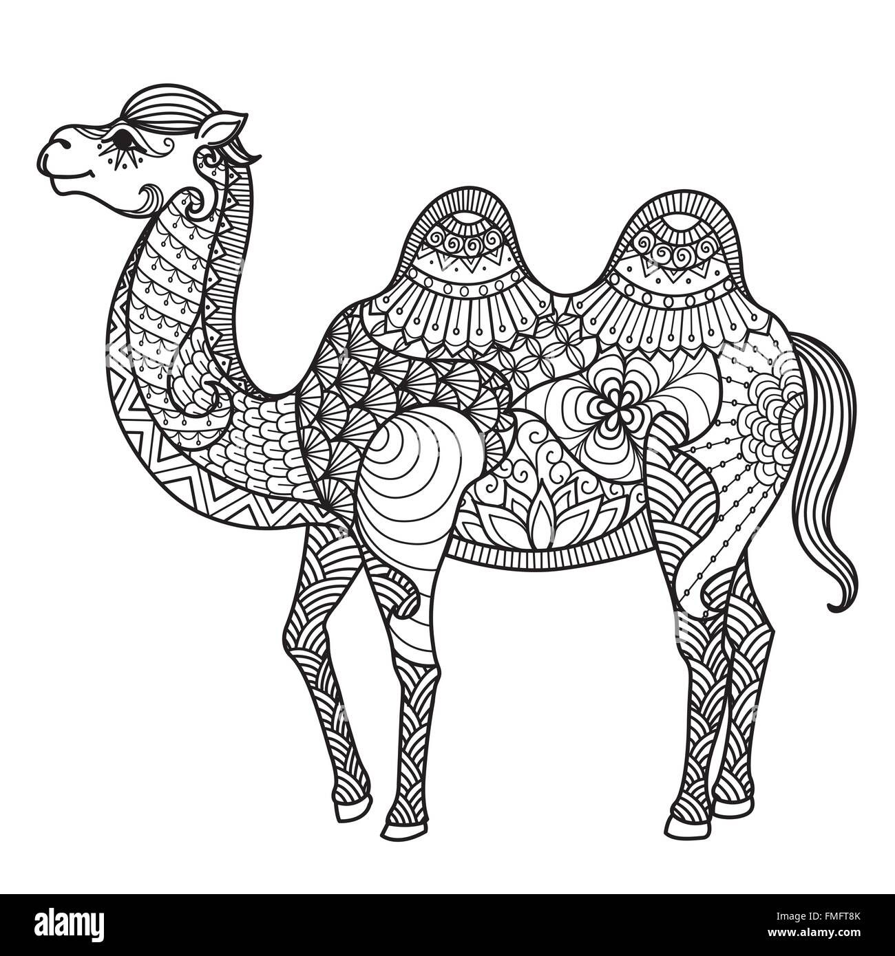 Zentangle camel design for coloring book for adult or other decorations Stock Vector