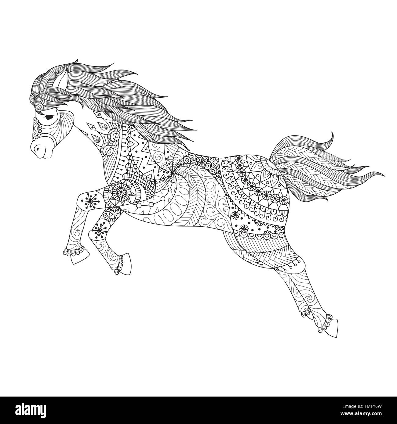 Drawing jumping horse zentangle style for coloring book for adult,tattoo,logo,t shirt design, application and other decorations Stock Vector