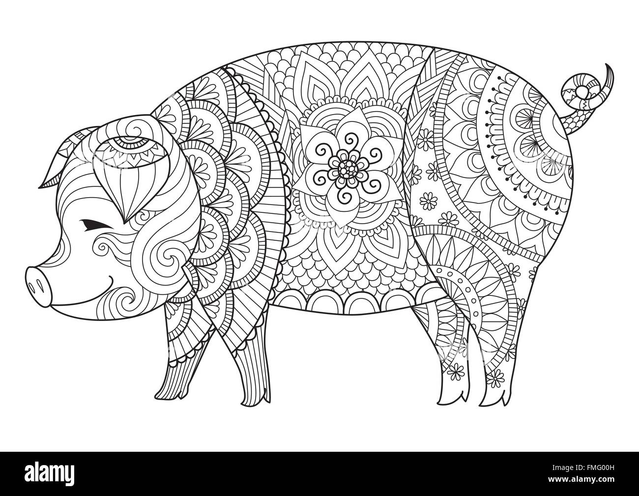 Drawing zentangle pig for coloring book for adult or other decorations Stock Vector