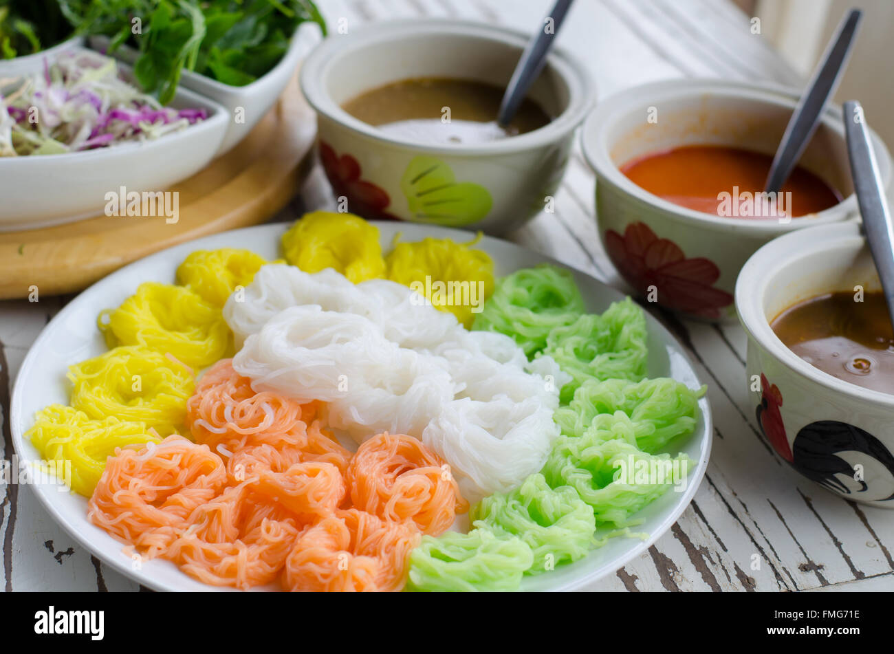Fermented Rice Flour Noodles /kanom jeen Stock Photo