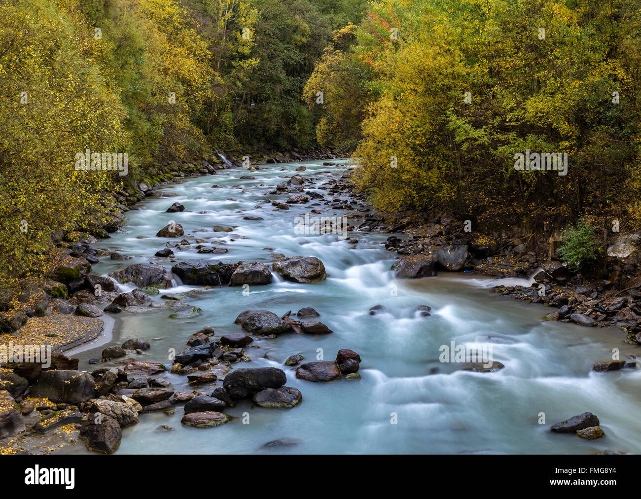 Etsch river near Laas, South Tyrol Stock Photo