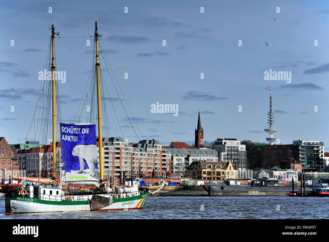 HAMBURG, Germany - Sailing ship Beluga II (Greenpeace) on Elbe river. Stock Photo