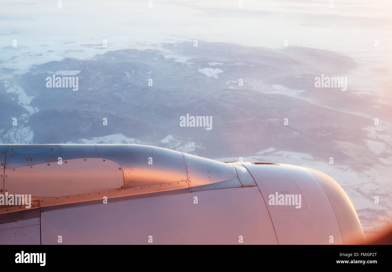 Wing and turbine close up in flight Lufthansa's Airbus 321 during at flight Stock Photo
