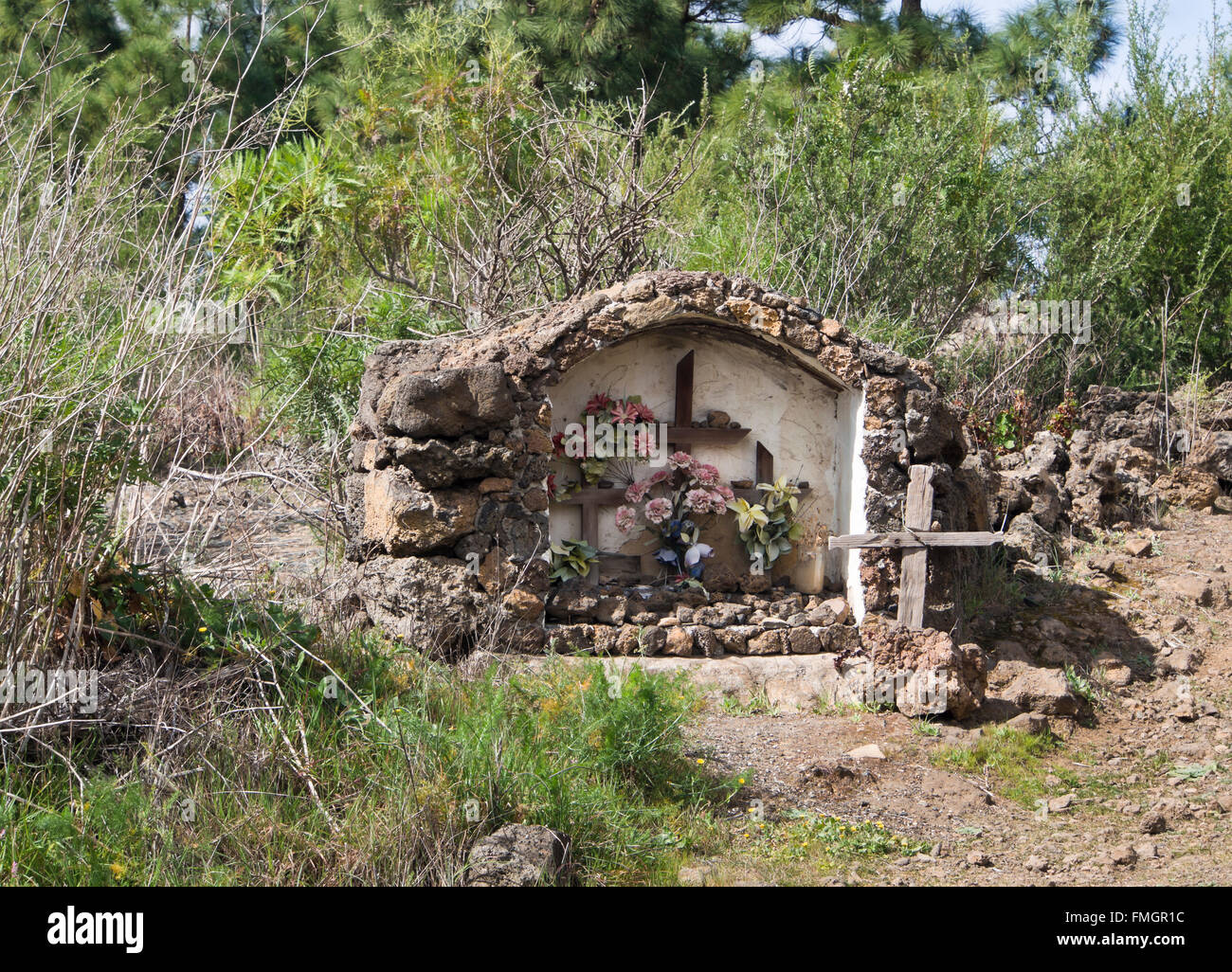 Shrine on the side of a dirt track seen on a hike across los Partidos de Franquis near ErjosTenerife, Spain Stock Photo