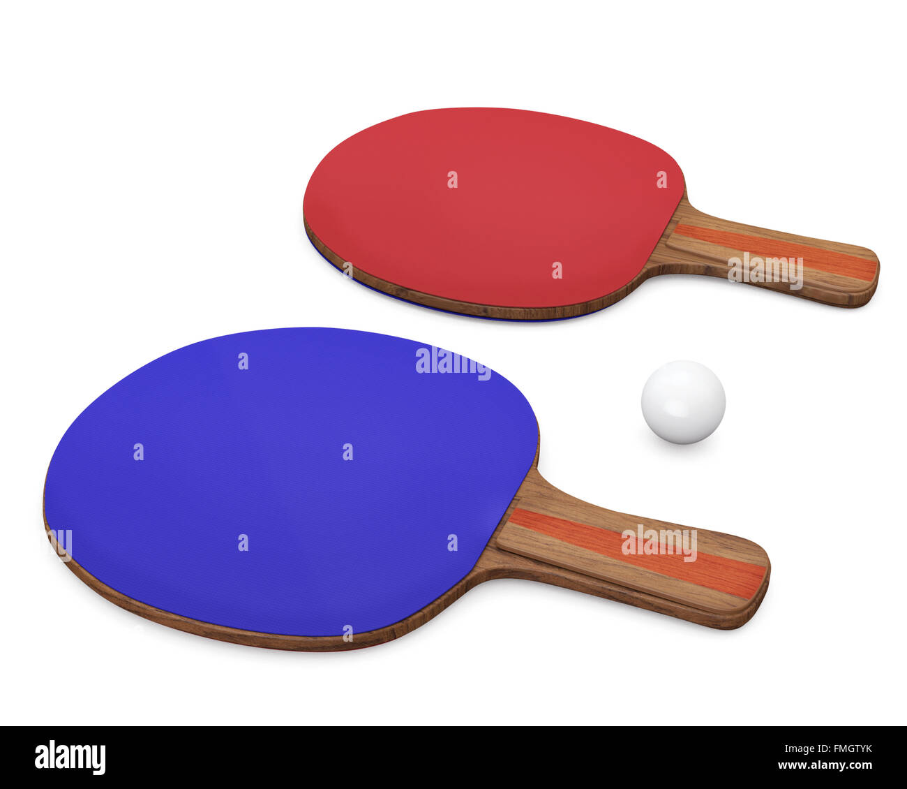 Two ping-pong rackets and ball for playing table tennis isolated on white background. 3D render. Stock Photo