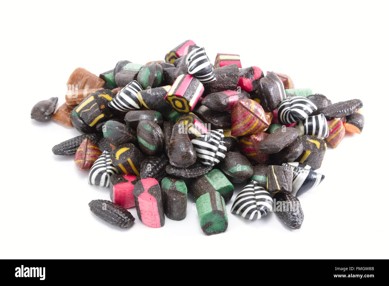 Pile of black and colored liquorice rock candy pieces Stock Photo