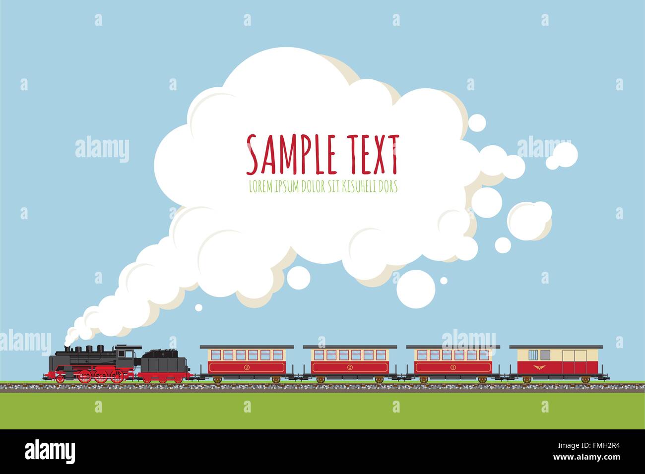 Historic locomotive and wagons on railroad track, copy space in cloud of steam, flat design, no gradients or transparencies. Stock Vector