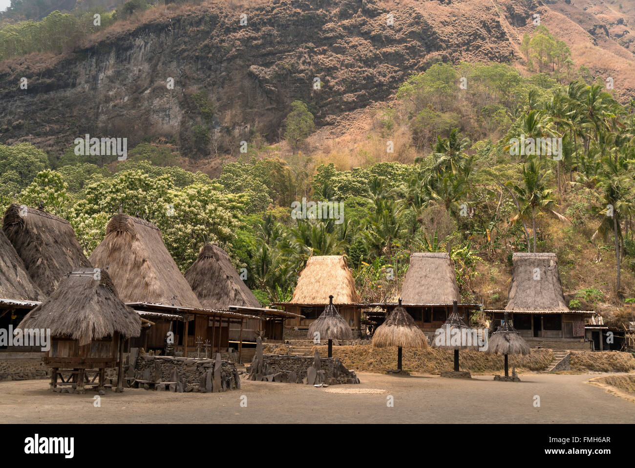 traditional high thatch-roofed houses and shrines in the Ngada village Bena near Bajawa, Flores, Indonesia, Asia Stock Photo