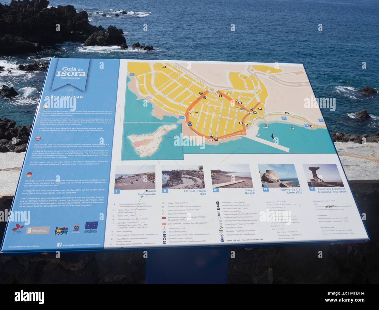 Information board and street map on the seaside promenade in Playa San Juan, Tenerife Canary Islands Spain Stock Photo