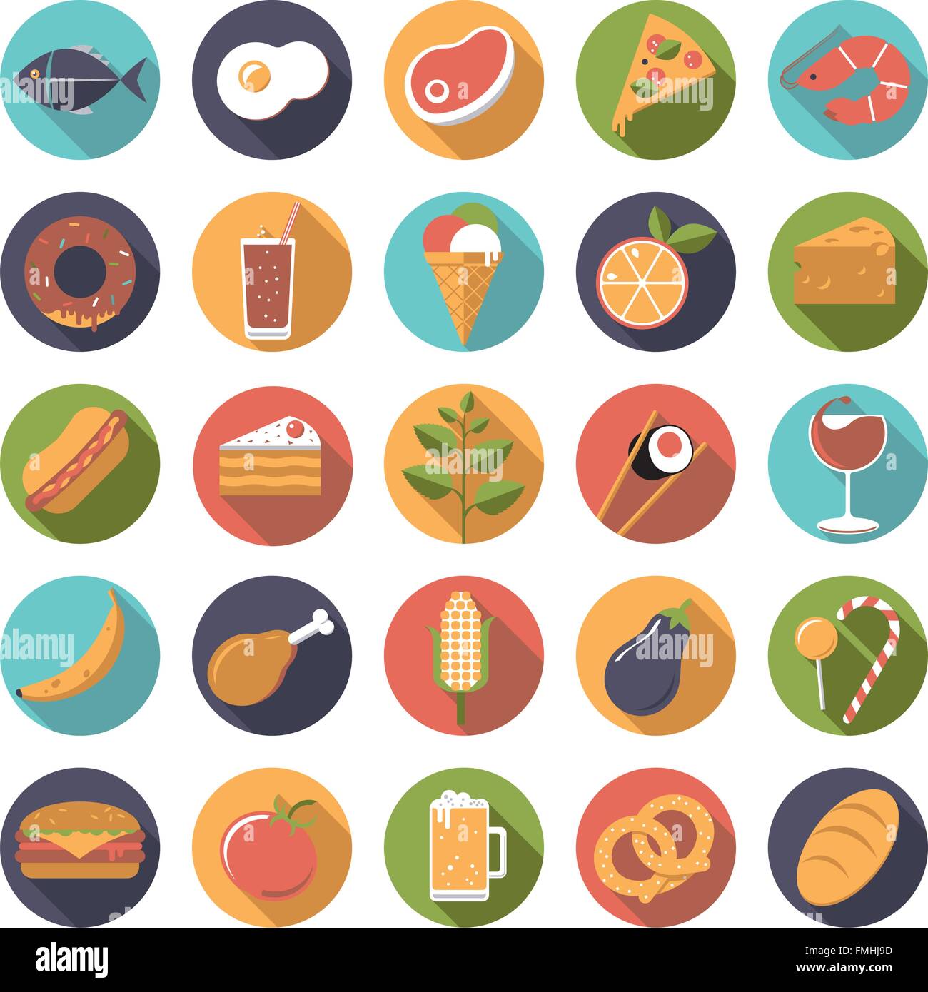 Flat design, long shadow food and drink vector icons set Stock Vector