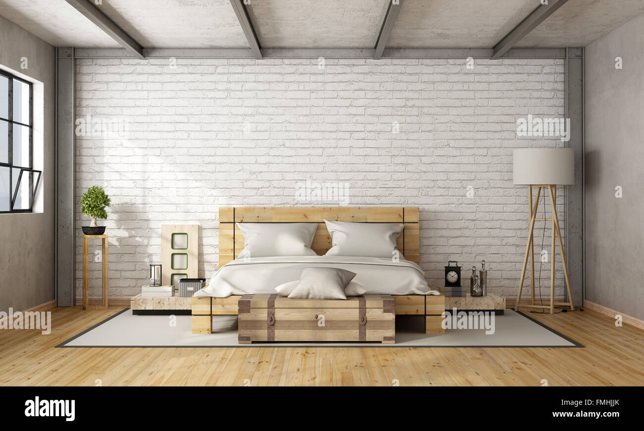 Wooden double bed in loft with brick wall and iron beams - 3D Rendering Stock Photo