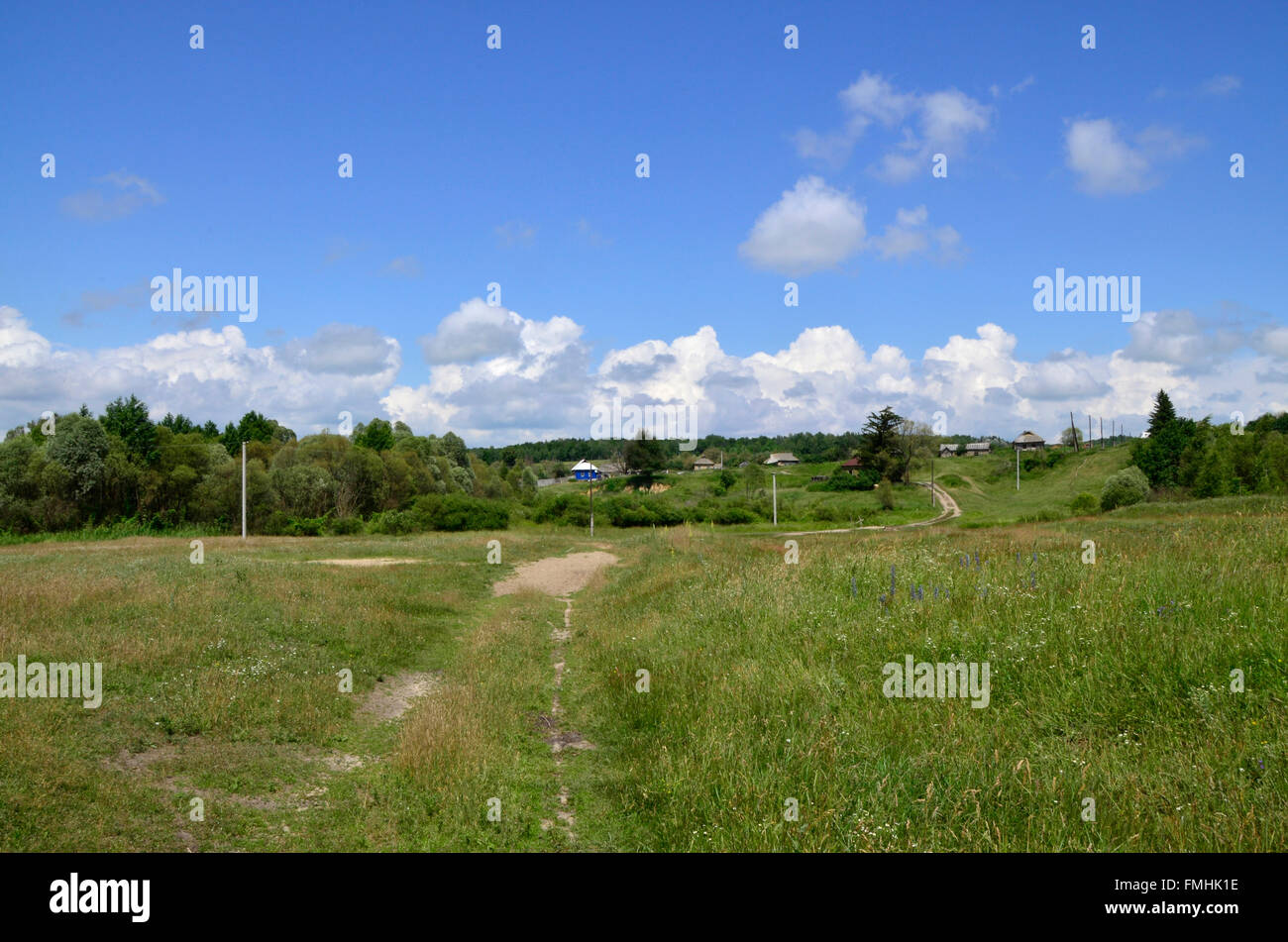Rural summer landscape with the image of the old village Stock Photo ...