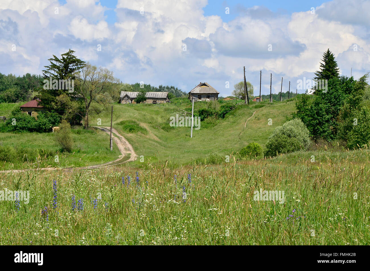 Rural summer landscape with the image of the old village Stock Photo ...