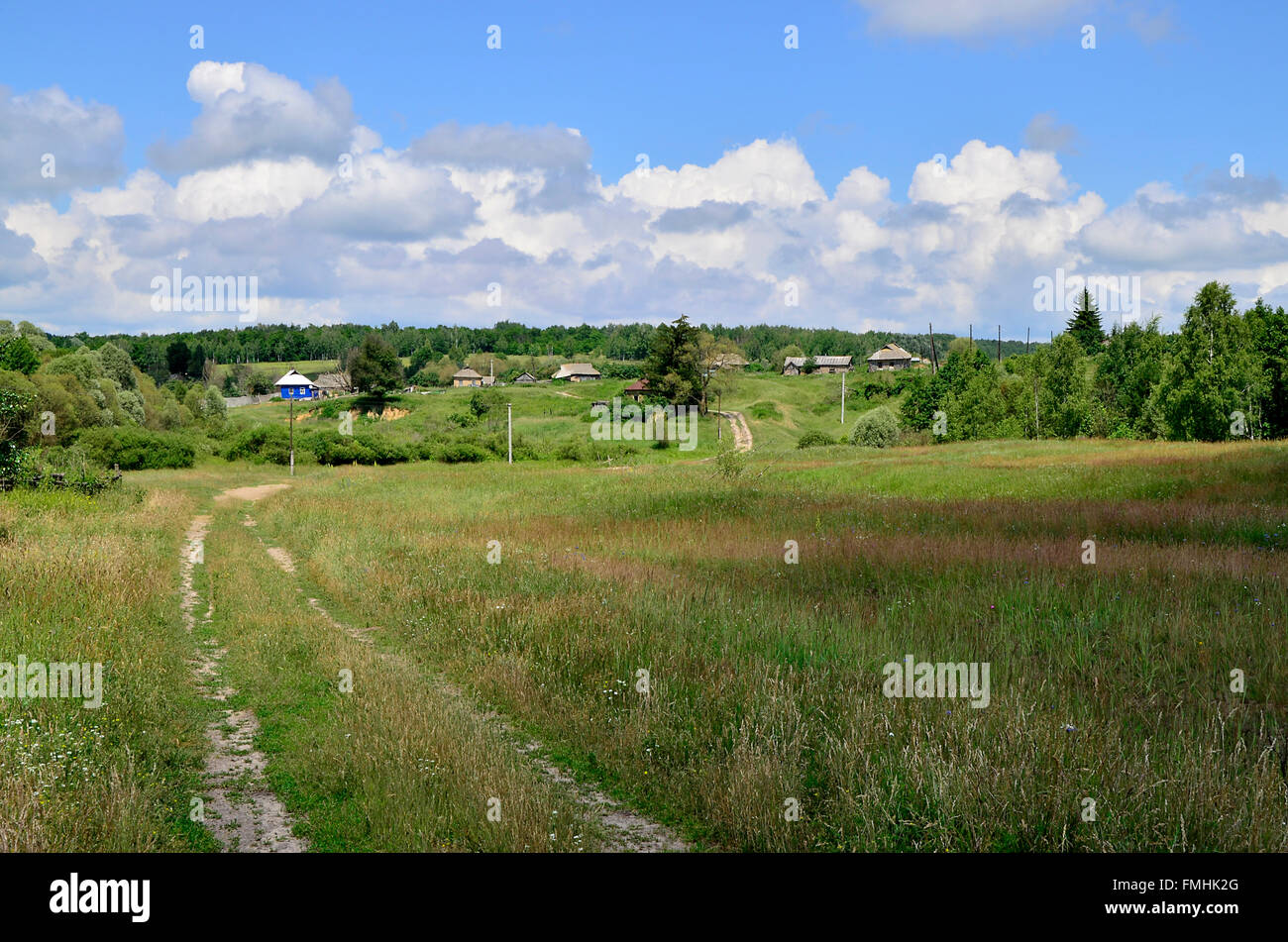 Rural summer landscape with the image of the old village Stock Photo ...