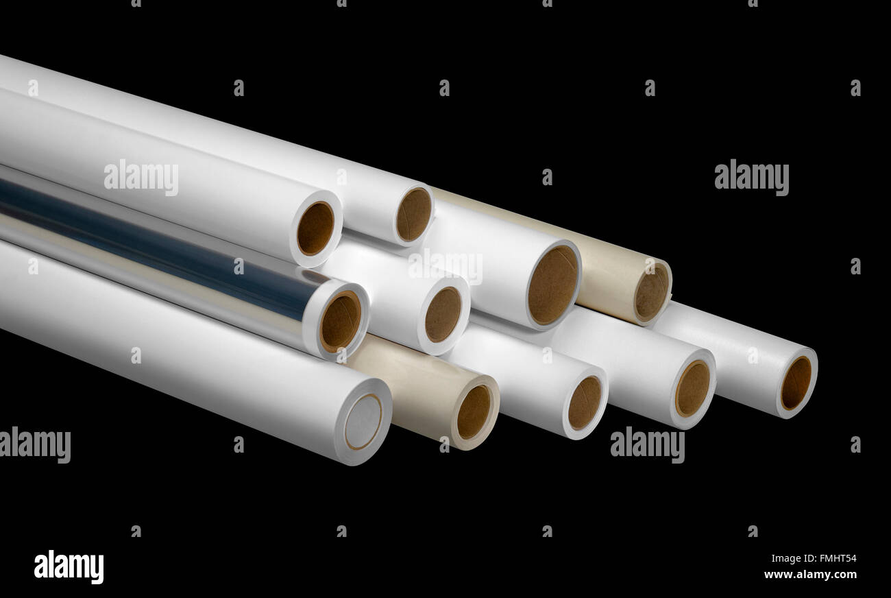 various print media rolls for wide-format printers in black back Stock Photo