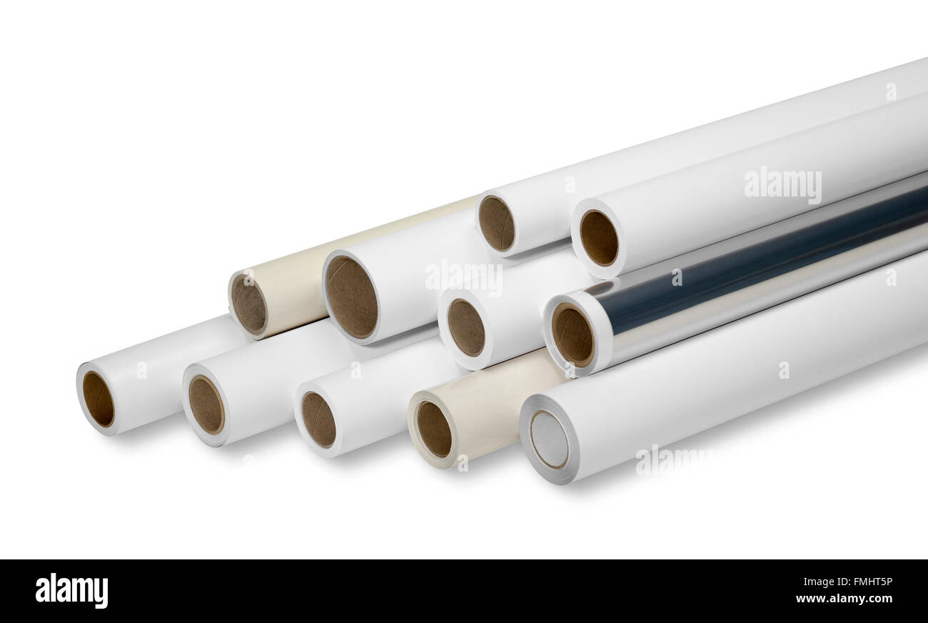 various print media rolls for wide-format printers in white back Stock Photo