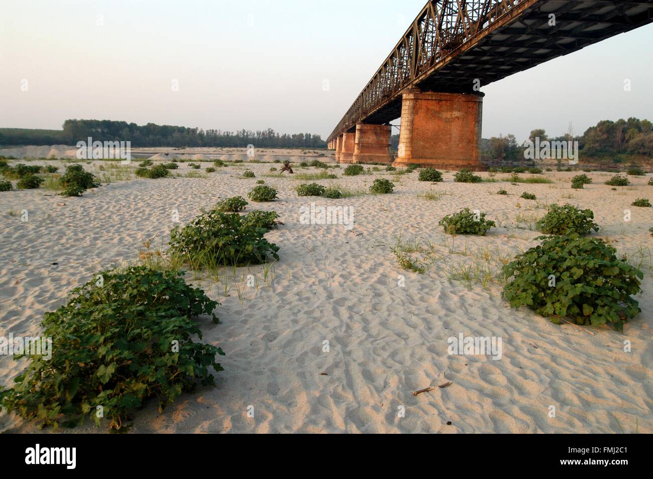 Lombardy, the Po Valley, Italy, extraordinary drought at Becca bridge, near confluence between the Po and Ticino rivers Stock Photo