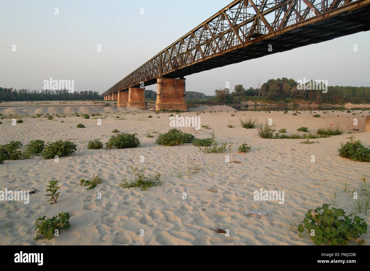Lombardy, the Po Valley, Italy, extraordinary drought at Becca bridge, near confluence between the Po and Ticino rivers Stock Photo