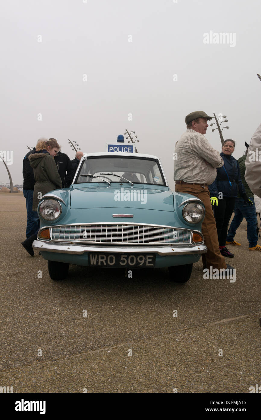 Blackpool,UK, 12th March 2016. Entertainment news. Actor David Lonsdale who plays the 'village fool' David Stockwell in the long running police series 'Heartbeat' promotes the new theatre tour based on the progamme at Blackpool's comedy carpet today. Posing for photograph's with the original police car from the show David speaks to members of the public to highlight this new theatre tour which starts at Blackpool's Grand Theatre on Wednesday the 16th of March. 2016. The nationwide tour finishes at Wolverhampton in July of this year Credit: Gary Telford/Alamy live news Stock Photo