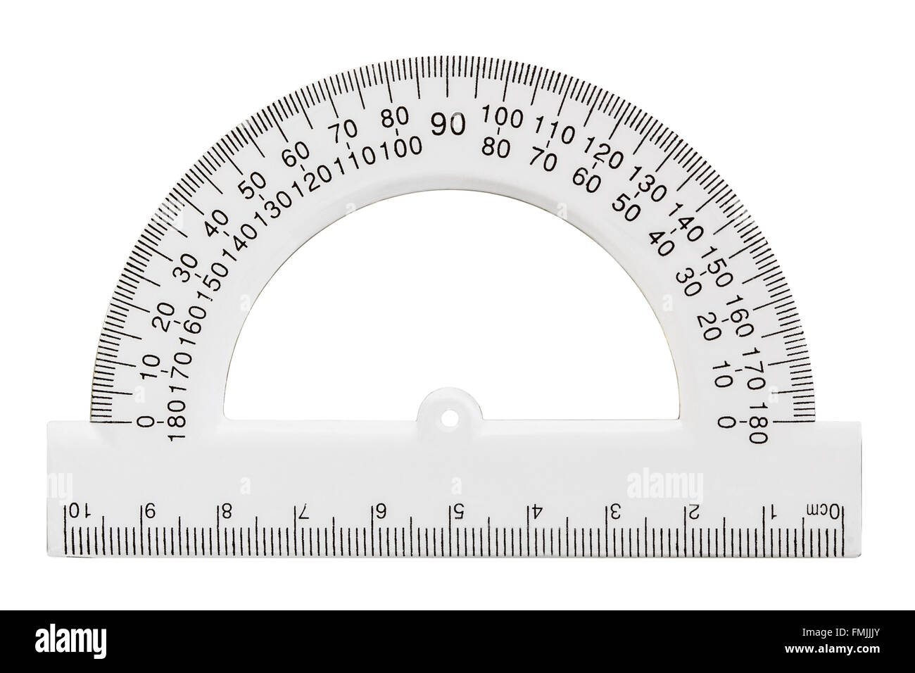 White transparent protractor, isolated on white background Stock Photo