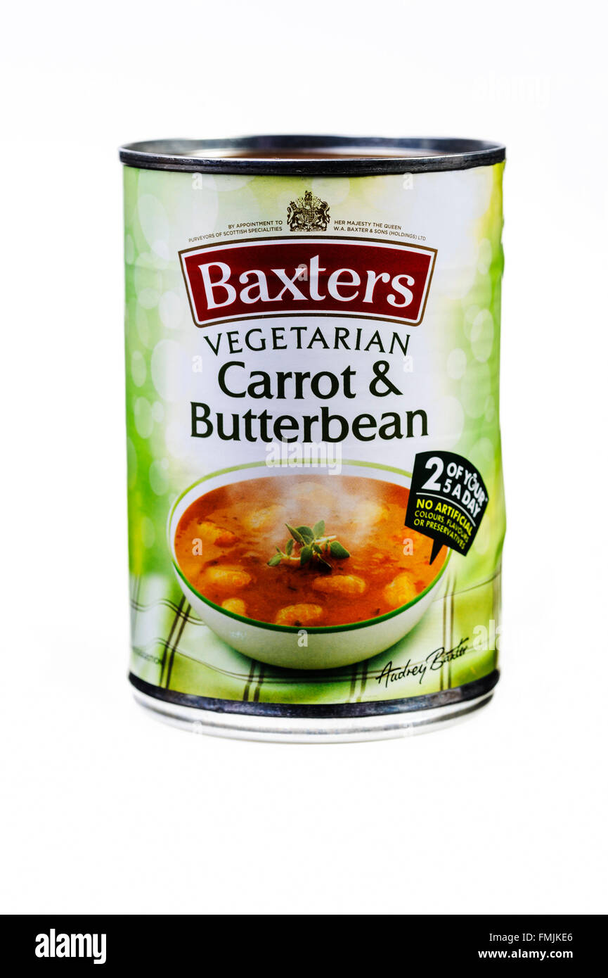 Can of Baxters Carrot and Butterbean soup. Stock Photo