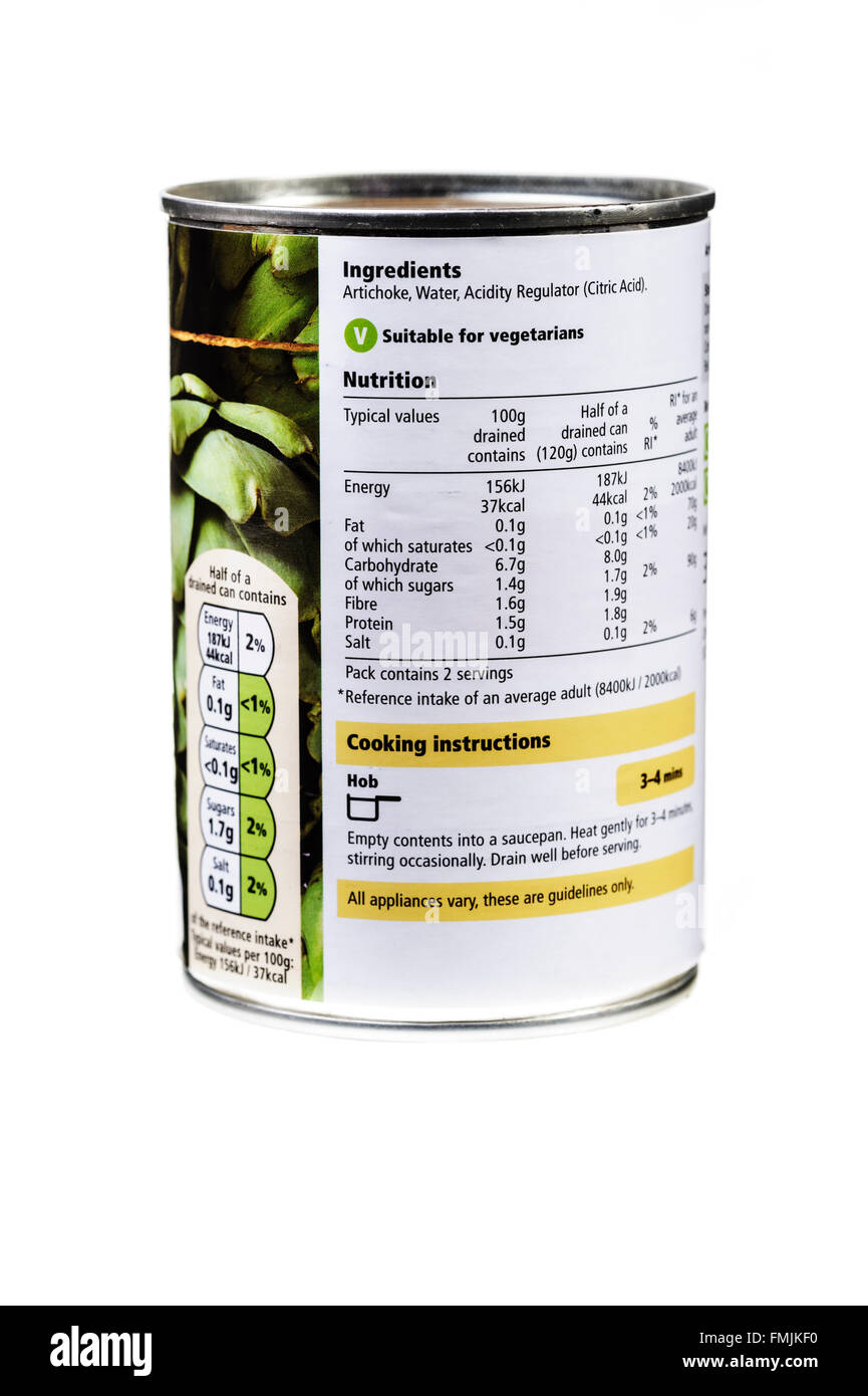 Nutritional  label on the rear of a can. Stock Photo