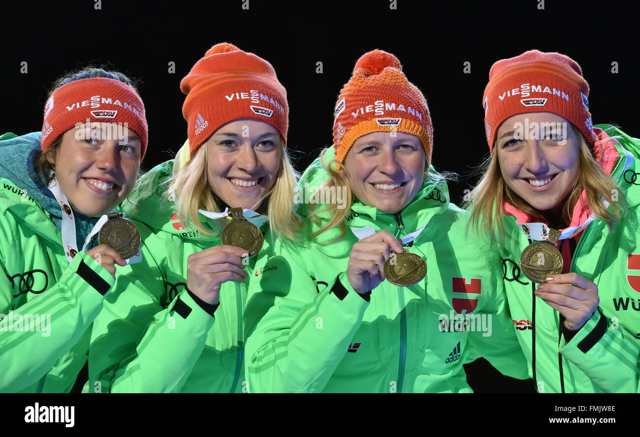Oslo, Norway. 11th Mar, 2016. Bronze medalists (L-R) Laura Dahlmeier, Maren Hammerschmidt, Franziska Hildebrand and Franziska Preuss of Germany show their medals during the medal ceremony for the Women 4x6 km Relay competition in the Oslo Medal Plaza at the Biathlon World Championships, in Oslo, Norway, 11 March 2016. Photo: Hendrik Schmidt/dpa/Alamy Live News Stock Photo