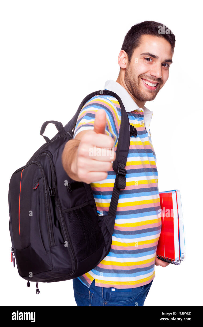 Happy smiling student thumbs up on white background Stock Photo - Alamy