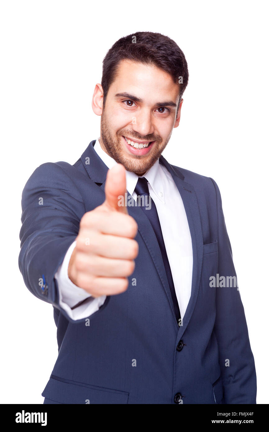 Happy smiling businessman with thumb up, isolated on white background ...