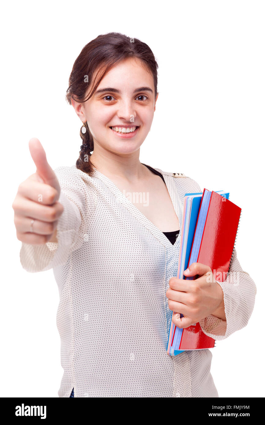 Happy smiling female student thumbs up on white background Stock Photo ...