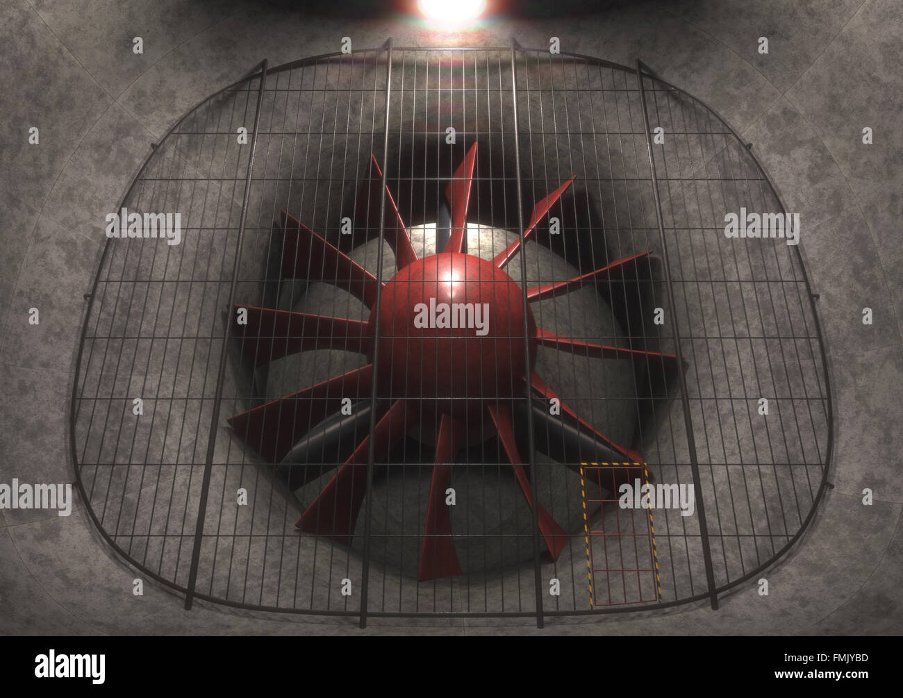 Giant wind tunnel with steel floor, tracks and safety lights. 3D concept image. Stock Photo