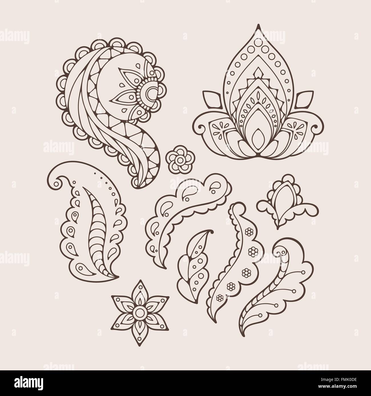 Set of abstract flowers and paisley elements in Indian mehendi style ...