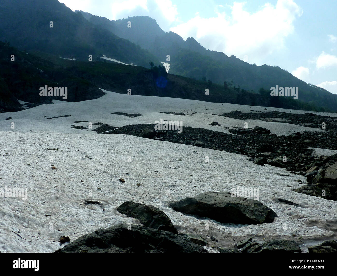 Thajwas glacier, above Sonamarg, Kashmir, used for skying and sledging but often unstable and dangerous in ravines Stock Photo