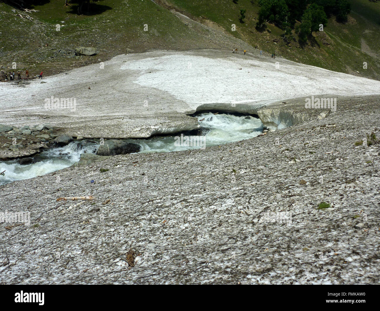 Thajwas glacier, above Sonamarg, Kashmir, used for skying and sledging but often unstable and dangerous in ravines Stock Photo