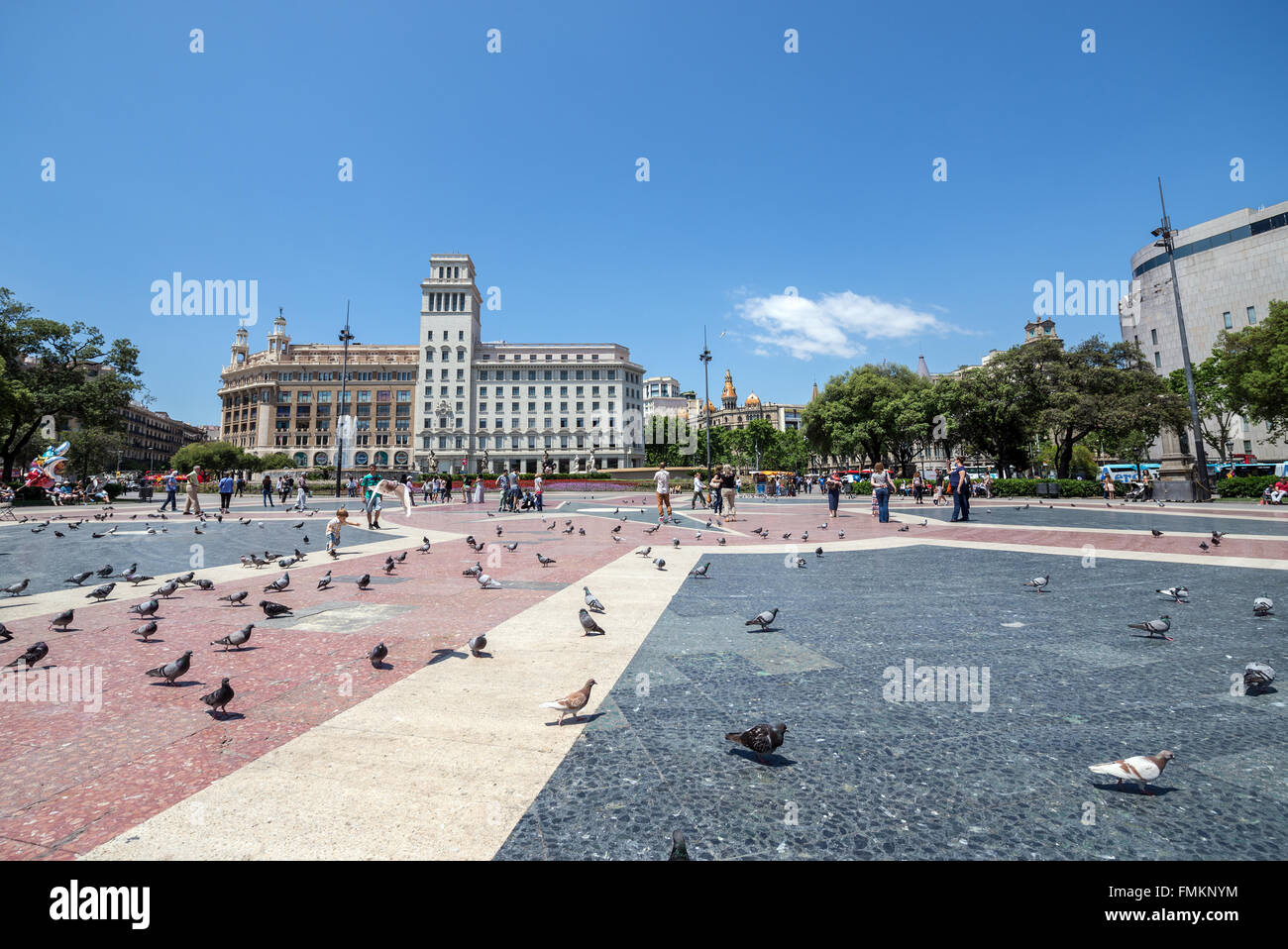 Public Library of Barcelona and Banco Espanol de Credito at Catalonia Square (Placa de Catalunya) in Barcelona, Spain Stock Photo