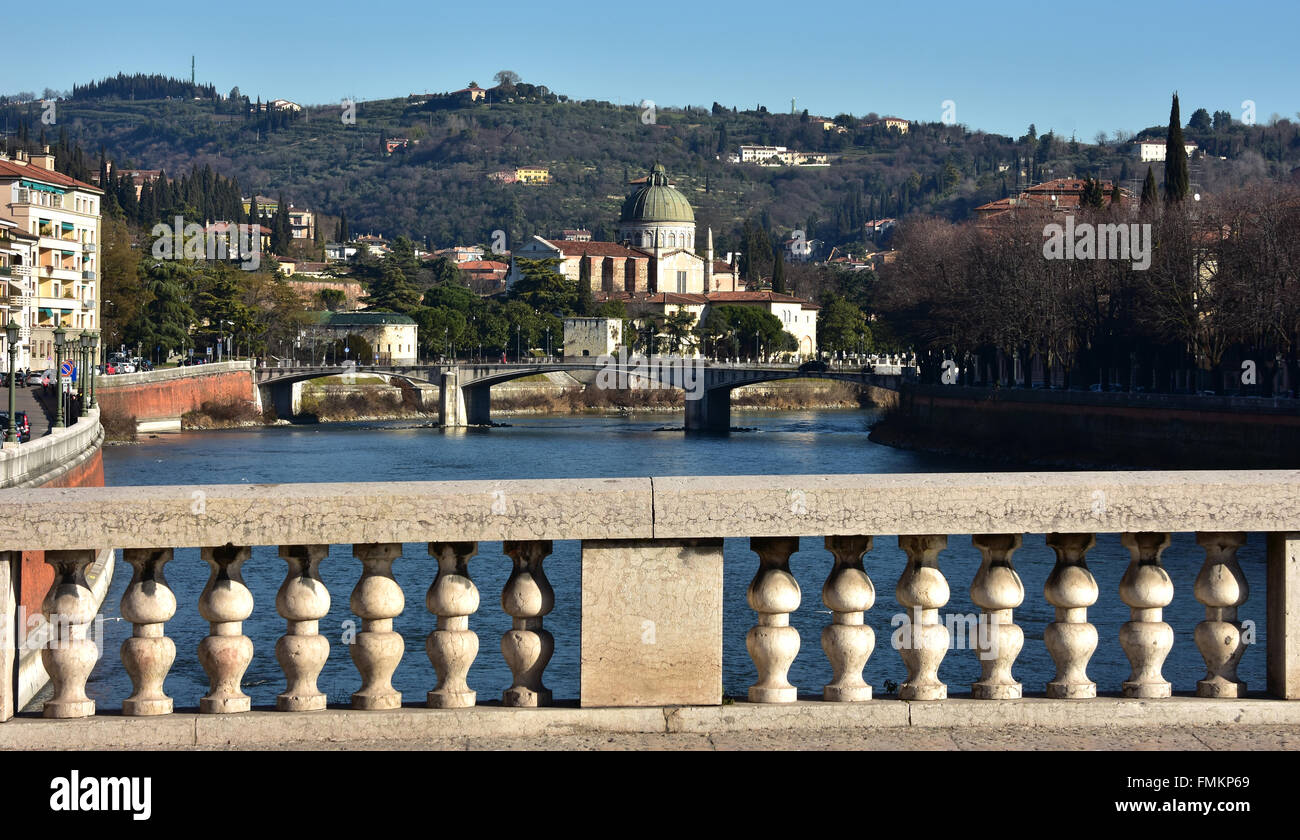 Verona panorama of San Giorgio in Braida, Garibaldi Bridge and Adige River viewed from Vittoria Bridge Stock Photo