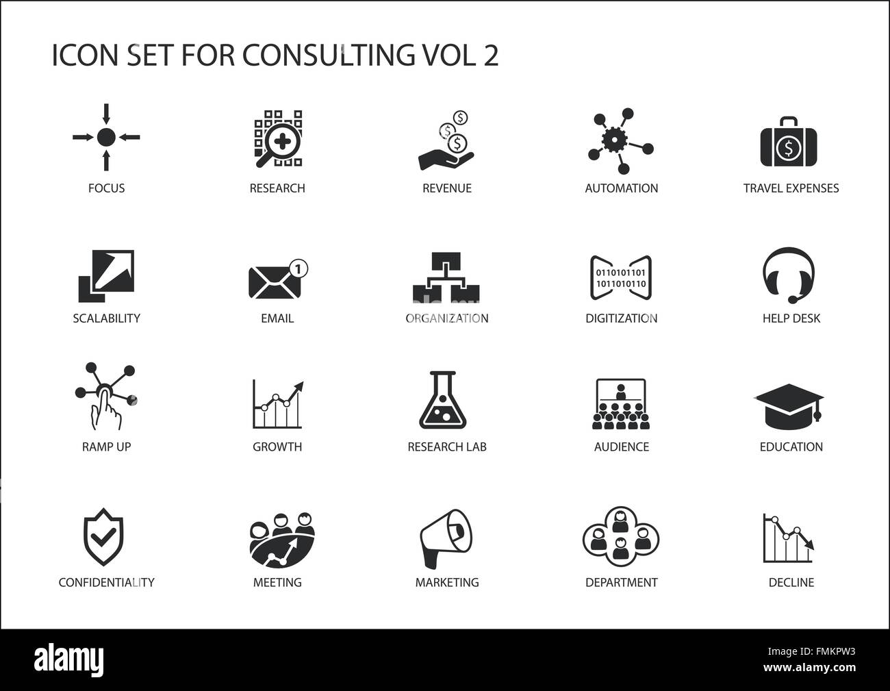 Vector icon set for topic consulting. Various symbols for strategy consulting, IT consulting, business consulting and management Stock Vector