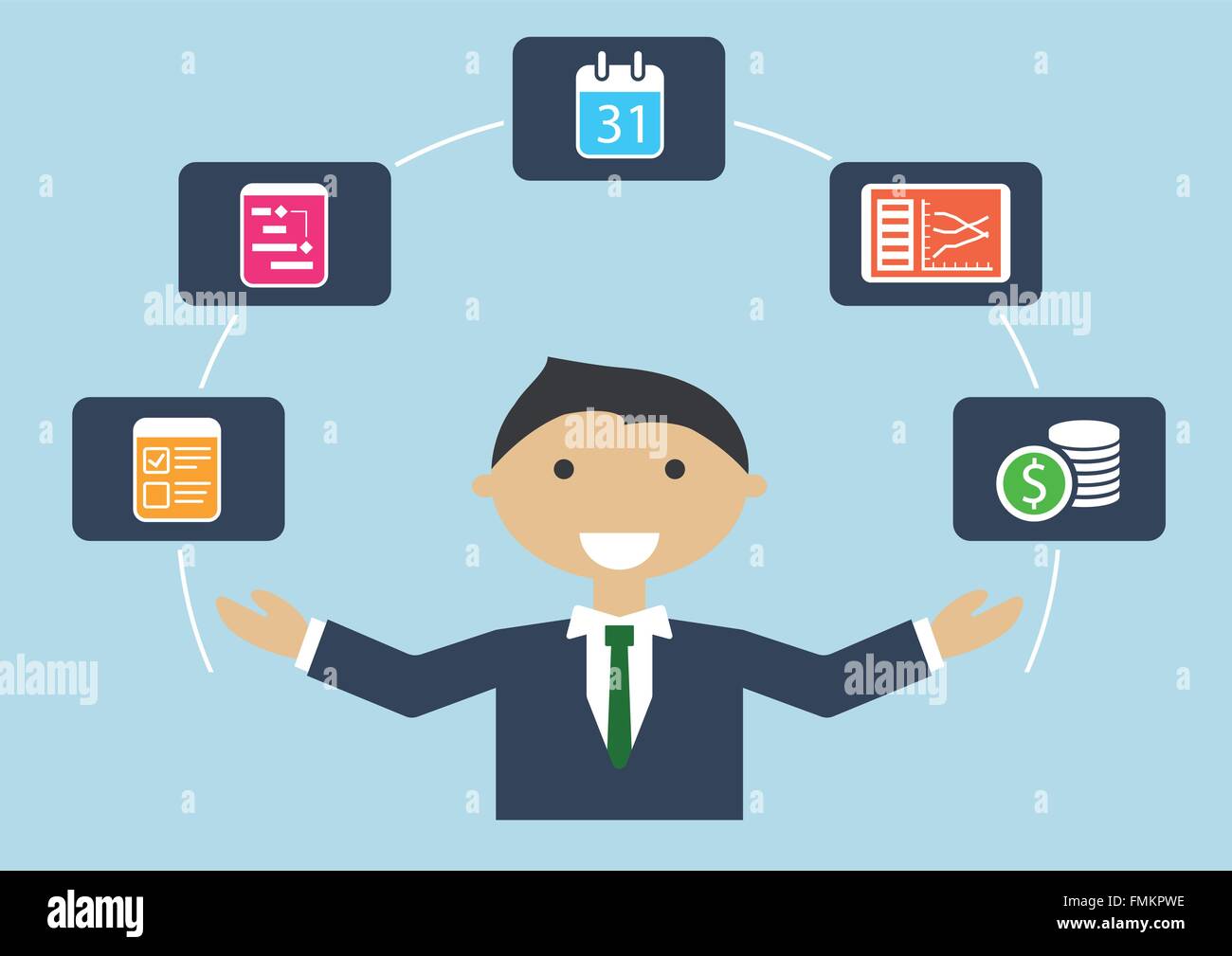 People at work: vector illustration of project manager who manages project plan, budget, tasks Stock Vector