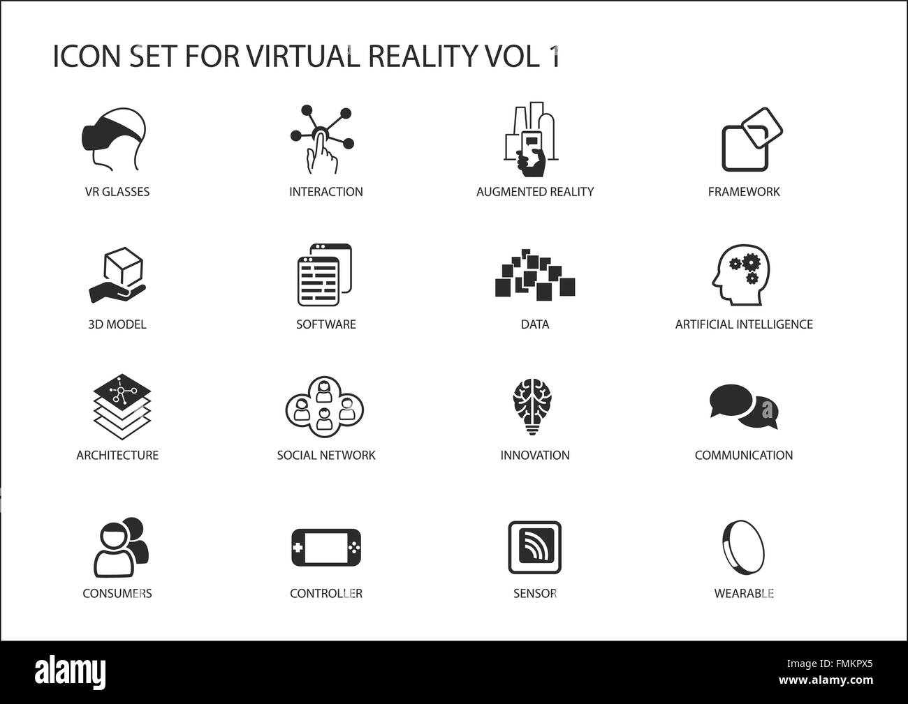 Virtual Reality (VR) vector icon set. Multiple symbols in flat design like virtual reality glasses, augmented reality, sensor Stock Vector